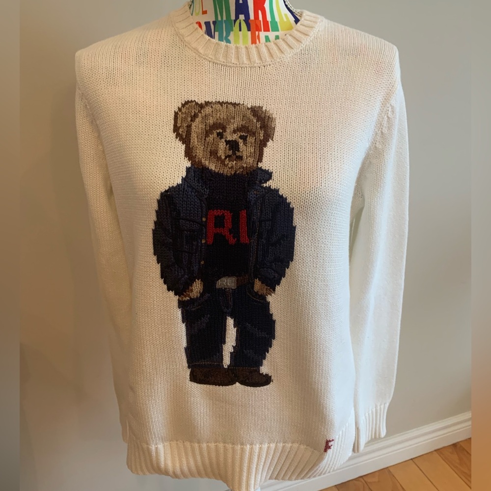 Ralph Lauren Cream Knit Crewneck Sweater with Bear Motif